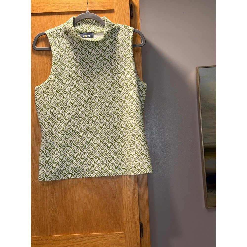 Maeve Anthropologie Green White Geometric Wave Mock Neck Sleeveless Top Large